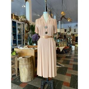 1940s casual day dress, blush rayon, vintage 40s dress, film noir style, medium